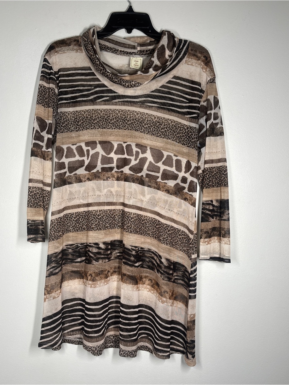 Cowl Neck Animal-Print Mesh Tunic in Beige & Brown